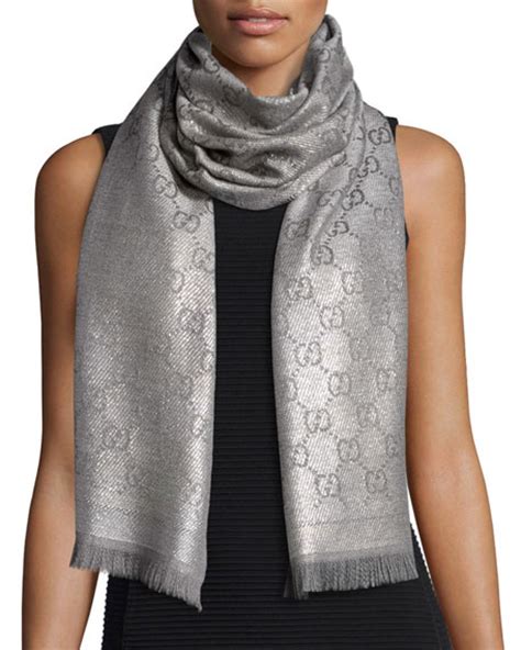 gucci shimmer gg pattern scarf silver|Gucci scarf with fur trim.